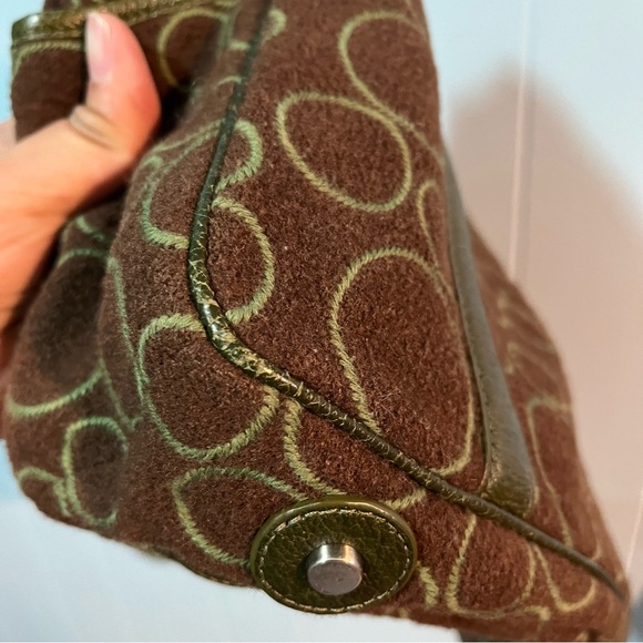 TUMI Wool Leather Trim Tote Shoulder Bag and Wallet Brown Green 13"x9.5" Circles - Picture 16 of 16